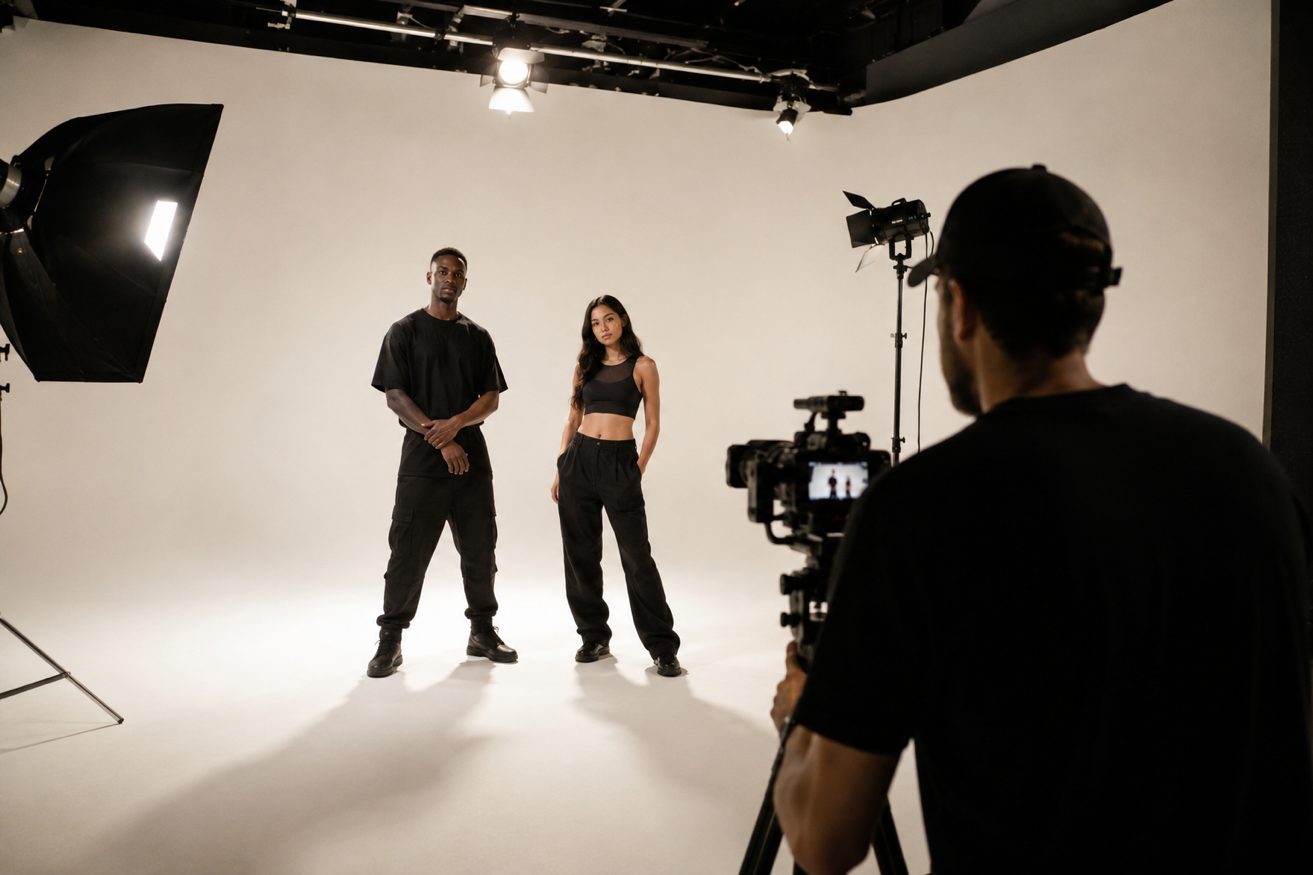 Shooting en studio professionnel : deux modèles dirigés sur fond clair, éclairage cinéma et caméra sur trépied.